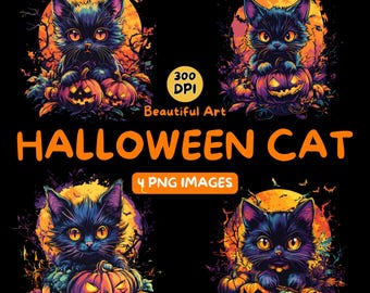 Beautiful Halloween Black Cat Digital Download - Halloween Cat PNG - 300 DPI - Commercial Use Illustrations - Digital Design - Clip Art