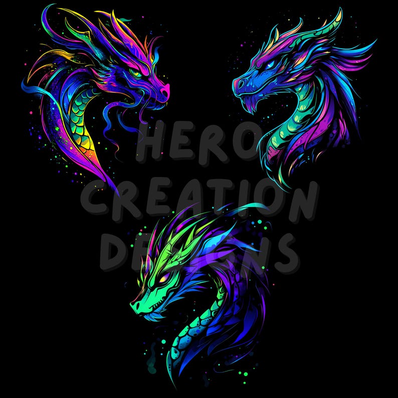 May include: Three stylized dragon illustrations in vibrant neon colors against a black background. The dragons feature intricate details and a fantasy theme. The image includes the text "HERO CREATION DESIGNS".