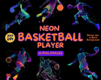Glowing Neon Basketball PNG, 9 Colorful Sports Clipart Commercial Use, Basketball Art Transparent Background, Design Digital Download