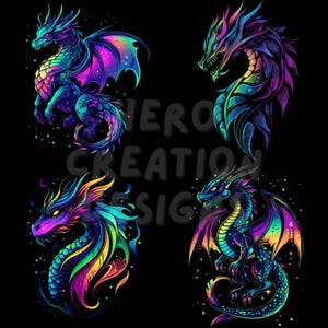 May include: Four colorful dragon illustrations on a black background. Each dragon features vibrant hues of blue, purple, and green, with intricate details and a cosmic aesthetic. The text "HERO CREATION DESIGN" is partially visible.