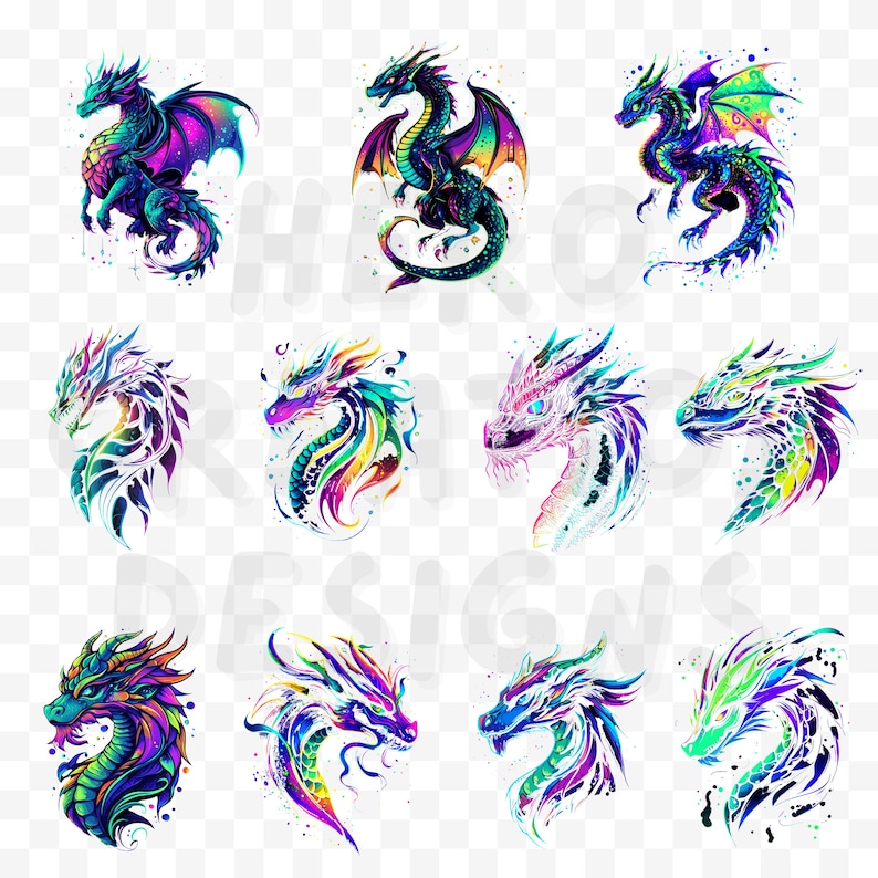 May include: A collection of colorful dragon illustrations. Each dragon features vibrant hues of blue, purple, green, and yellow. Some dragons have wings, while others are depicted as head portraits. The designs have a watercolor effect.
