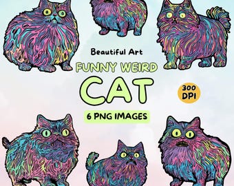 Beautiful Funny Weird Cat Art Design Digital Download , Cat PNG - 300 DPI, Commercial Use Cat Illustrations, Digital Design, Clip Art