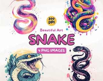 Könnte beinhalten: Vier digitale Illustrationen von Schlangen in verschiedenen Farben und Stilen. Die Schlangen sind in Aquarell-Manier mit Farbspritzern dargestellt. Der Text "Beautiful Art Snake 4 PNG Images" wird unter den Bildern angezeigt.