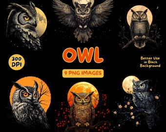 Owl and Moon Art Design Digital Download, Owl Art PNG, 300 DPI, Commercial Use Illustrations, Digital Design, Bird Clip Art, Animal Art