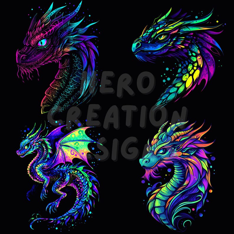 May include: Four colorful dragon illustrations on a black background. Each dragon is depicted with vibrant neon colors, including purple, blue, green, and yellow. The dragons vary in pose and detail, with some showing full bodies and others just the heads.