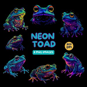 Glödande neonpadda PNG, 8 färgglada grodor Clipart kommersiellt bruk, djurkonst transparent bakgrund, T-shirtdesign digital nedladdning