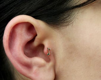 14K Solid Gold music note Piercing, Minimalist   Tragus Piercing, Gold Stud Piercing, Stud Ear Piercing, music Stud Earring,music  Piercing