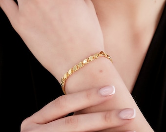 14k solid gold Pailletten-Kettenarmband, zierliche Pailletten-Kettenarmband, Design-Pailletten-Kette, Geschenk für sie, Valentinstag, 14K Gold Spiegel Kette