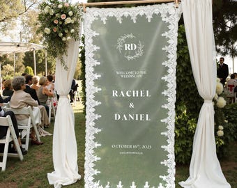Benutzerdefinierte Leinen Hochzeit Zeichen, Hochzeit Stoff Willkommensschild, moderne geschnürt schiere Hochzeit Willkommensschild, Boho romantische Hochzeit Willkommensschild
