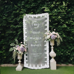 Wedding Fabric Welcome Sign, Modern Laced Sheer Wedding Welcome Sign, Custom Linen Wedding Sign, Boho Romantic Wedding Welcome Sign