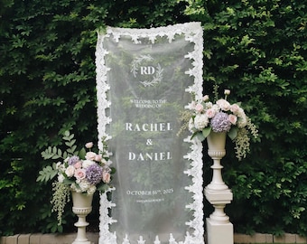 Hochzeit Stoff Willkommensschild, Modernes geschnürtes Schiere Hochzeit Willkommensschild, Benutzerdefinierte Leinen Hochzeitsschild, Boho romantisches Hochzeit Willkommensschild