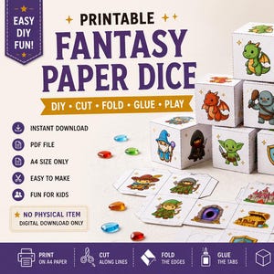 Pode incluir: Um conjunto de dados de papel de fantasia imprimíveis com nove cubos com ilustrações coloridas de dragões, magos, goblins e baús de tesouro. O conjunto inclui modelos planos para cortar, dobrar e colar, juntamente com etiquetas de texto.