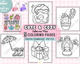 Cute & Cozy Easy Coloring Book by Color Me Mia Digital Coloring Set no.2 With 5 Coloring Pages Instant Download PDF and PNG
