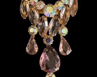 Vintage Midcentury Pink and AB Aurora Borealis Dangle Brooch