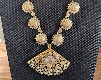 Vintage Damascene Necklace Set with Earrings & Crystal - OOAK