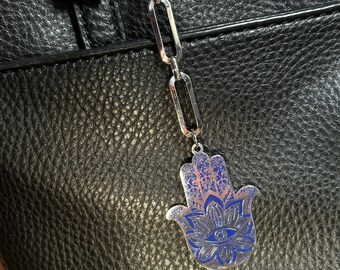 Handbag Charm: Hamsa, Eye of Protection Blue/Silver OOAK Handcrafted