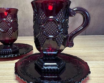 Set of 2 Avon Ruby Red Glass Coffee Mugs & Dessert Plates - Cape Cod Collection