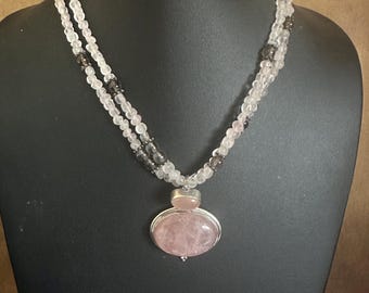 Sterling Rose Quartz Pendant on Double-Strand Beaded Nacklace .925