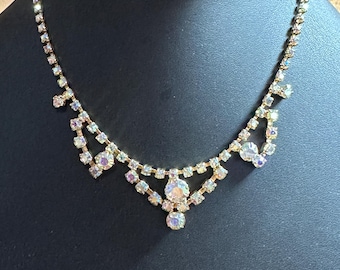 Bridgerton Style Vintage Rhinestone Necklace - AB Aurora Borealis 15.5"