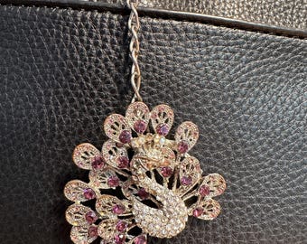 ハンドバッグチャーム：ピンクの孔雀の手作りバッグチャーム（一点物）