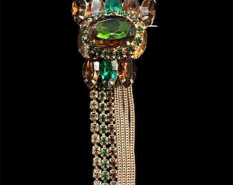 Vintage Heliotrope Brooch, Green & Amber Rhinestone Articulated