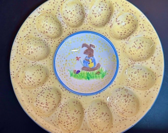 Easter Egg Platter Yellow Blue Ceramic - Easter Bunny & Basket 11"