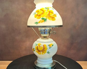 Vintage Hurricane Lamp Milk Glass Yellow Flowers GWTW