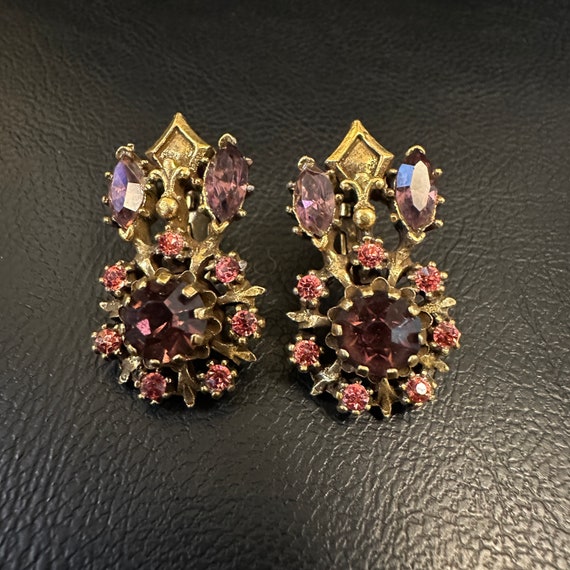 Vintage Coro Pink Purple Rhinestone Clip Earrings