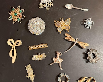 Lot of 15 Vintage Brooches - Unsigned, Rhinestone Enamel AB Cats Butterfly SALE!