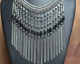 Black Gothic Statement Necklace  Bib Style with Tassels 18" Adjustable GOTH
