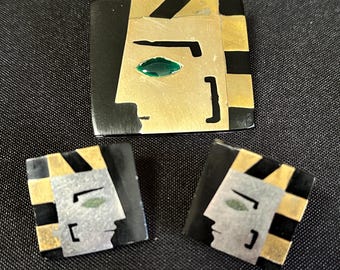 Egyptian Revival Modernist Brooch & Earrings Set - Signed MEXICO