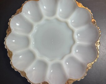 Anchor Hocking Fire King Milk Glass Egg Platter - 10"  Gold Trim MCM