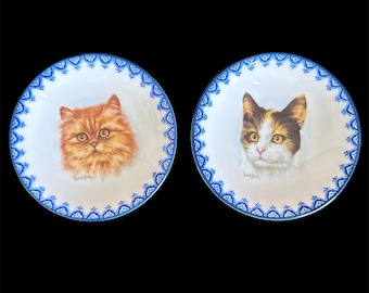 Mini Cat Plates Vintage Derick Bown Collectible 3.5" - Calico & Orange Set RARE