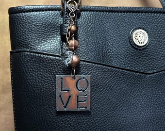 Handbag Charm: Copper LOVE medallion & crystal glass heart OOAK