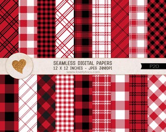 Red, white and black buffalo plaid digital papers, seamless paper background, printable paper, scrapbook paper, gingham, checker plaid - P20
