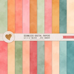 May include: A collection of seamless digital papers featuring vertical stripes in watercolor textures of sage green, coral, peach, pink, and teal. A white horizontal band displays the text SEAMLESS DIGITAL PAPERS 12 X 12 INCHES - JPEG 300DPI.