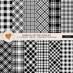 Könnte beinhalten: Eine Sammlung von nahtlosen, schwarz-weißen Muster-Overlays mit verschiedenen Karomustern. Das Bild enthält ein horizontales Banner mit dem Text SEAMLESS PATTERN OVERLAYS, 12 X 12 INCHES, 300 DPI, TRANSPARENT BACKGROUND.