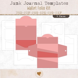 Puede incluir: Kit de plantillas Junk Journal Wallet Folio con 9 piezas en formatos PSD, PDF, PNG, EPS, SVG y DXF. El archivo digital muestra plantillas de papel rosa y coral para carteras plegables con bolsillos y pestañas sobre un fondo blanco.