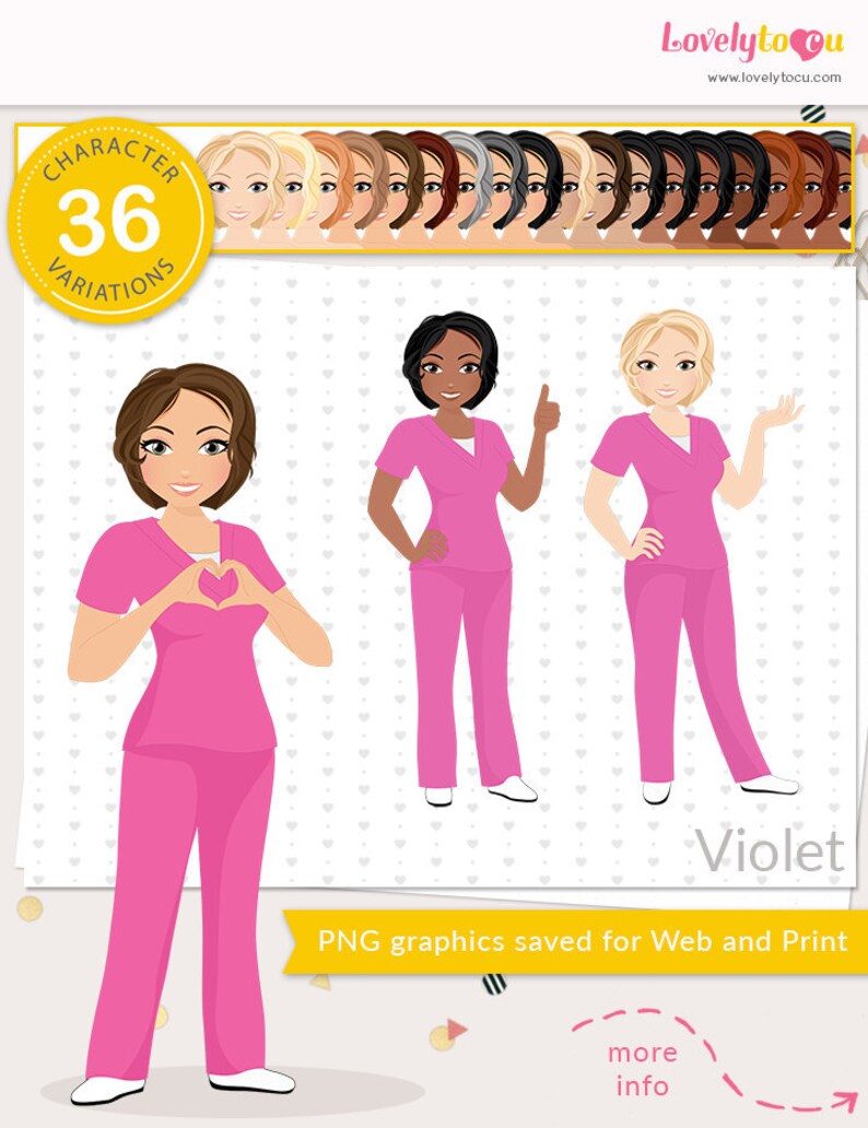 Nurse clipart pink scrubs female character cute girl avatar Etsy