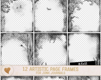 May include: A collection of twelve black and white rectangular page frames featuring botanical and insect illustrations. The designs include floral motifs, butterflies, and beetles with distressed edges. A label displays 8.5x11 text.