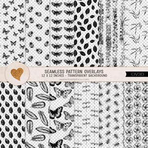 May include: A collection of seamless pattern overlays featuring black and white illustrations of butterflies, ladybugs, moths, leaves, vines, swallows, feathers, dragonflies, ants, and flowers on a transparent background with the text SEAMLESS PATTERN OVERLAYS 12 X 12 INCHES - TRANSPARENT BACKGROUND www.lovelytocu.com OV30.