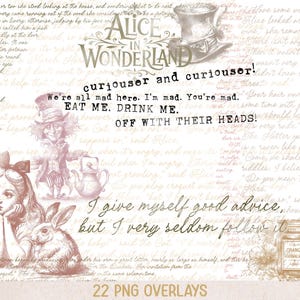 Może przedstawiać: Sztuka cyfrowa w odcieniach sepii z elementami z Alicji w Krainie Czarów. Obraz zawiera ilustracje Alicji, Szalonego Kapelusznika i Białego Królika, a także cytaty i nakładki tekstowe. Słowa "Alicja w Krainie Czarów" są wyraźnie wyświetlane.