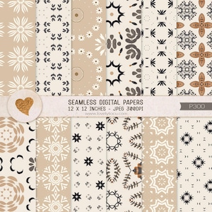 May include: Set of 12 digital papers with geometric patterns in beige, brown, black and white. The papers are 12 x 12 inches and 300 DPI.  "Seamless Digital Papers 12 x 12 inches - JPEG 300DPI www.lovelytocu.com P300"