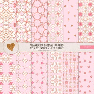 May include: Set of 8 digital papers with pink and white geometric patterns. The patterns include stars, flowers, and hearts. The papers are 12 inches by 12 inches and 300 DPI. The text "SEAMLESS DIGITAL PAPERS" and "P282" are included in the image.