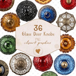 Puede incluir: Una colección de 36 pomos de puerta de cristal en varios colores, incluyendo rojo, negro, azul, verde y ámbar, con patrones en relieve y centros metálicos. Una etiqueta central muestra el texto 36 Glass Door Knobs PNG clipart graphics.