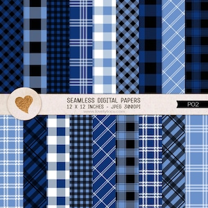 May include: A collection of seamless digital papers featuring various blue, black, and white plaid, gingham, and checkered patterns. A horizontal band displays the text SEAMLESS DIGITAL PAPERS 12 X 12 INCHES - JPEG 300DPI www.lovelytocu.com P02.