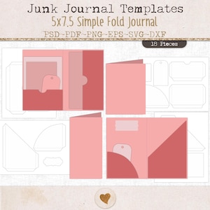 May include: Junk Journal Templates 5x7.5 Simple Fold Journal with 18 pieces in PSD, PDF, PNG, EPS, SVG, and DXF formats. The digital set features pink and red paper craft layouts, including folded covers, pockets, and tags for assembly.