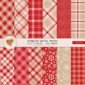 May include: Set of 12 digital papers featuring red and beige plaid patterns, snowflake designs, and the text "Let it Snow". The papers are 12 inches by 12 inches and 300 DPI.