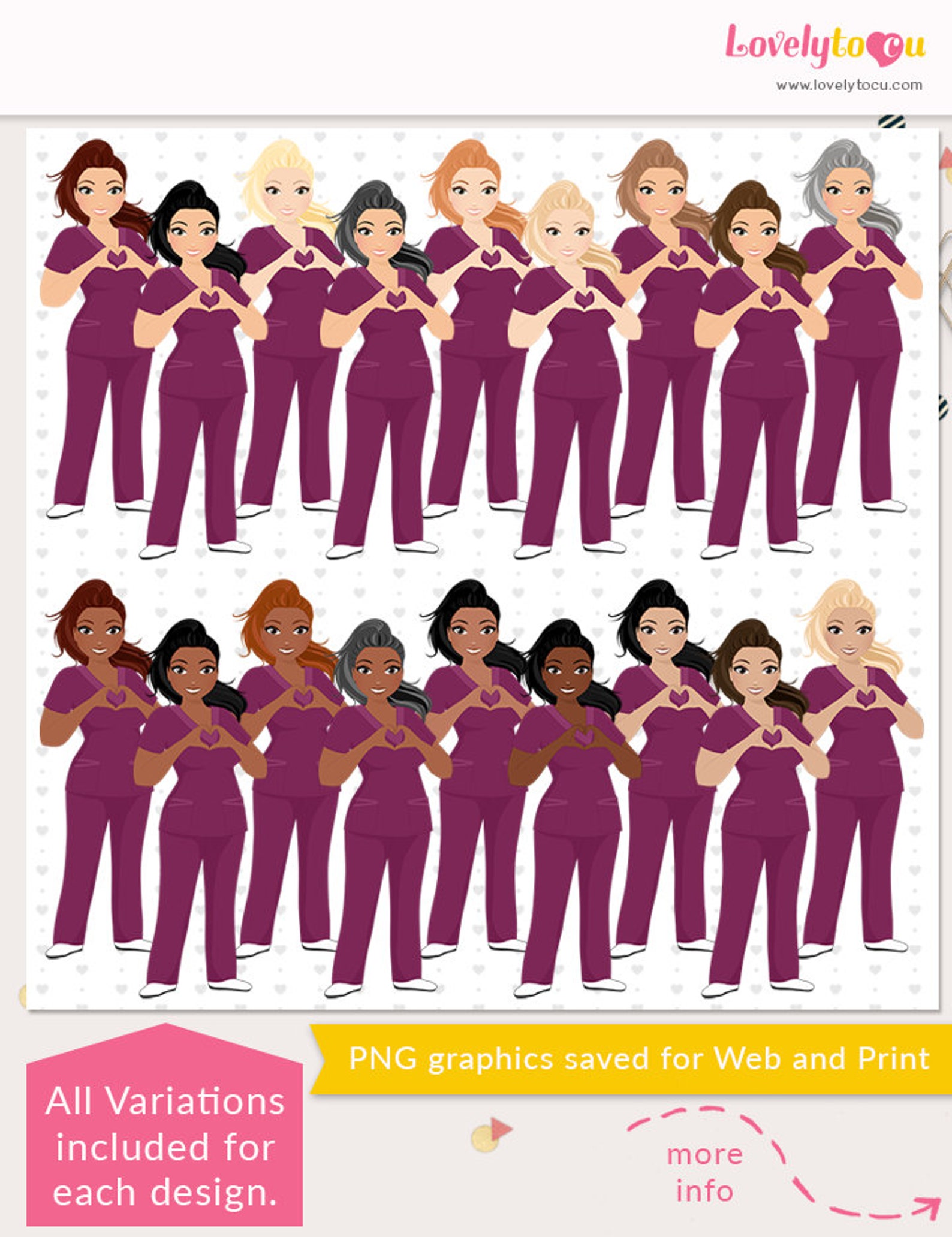 Nurse clipart burgundy scrubs female character cute girl Etsy