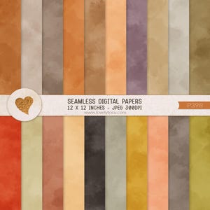 May include: A collection of seamless digital papers featuring various watercolor textures in shades of orange, brown, gray, yellow, and purple. A horizontal white band displays the text SEAMLESS DIGITAL PAPERS 12 X 12 INCHES - JPEG 300DPI.